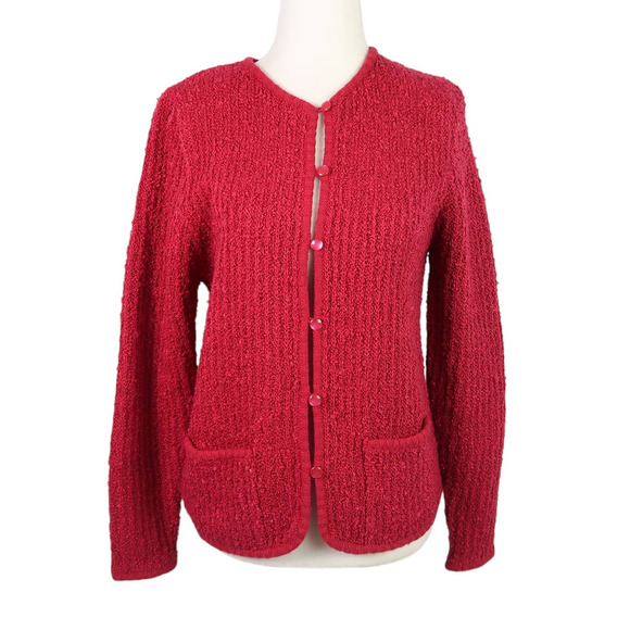 Vintage Sweaters - Vintage 90s raspberry pink textured knit button front cardigan sweater S